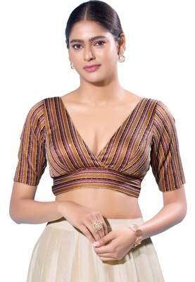 Maroon and Mustard Striped Brocade V-Neck Readymade Blouse 1