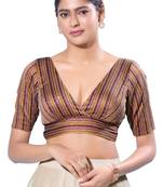 Maroon and Mustard Striped Brocade V-Neck Readymade Blouse