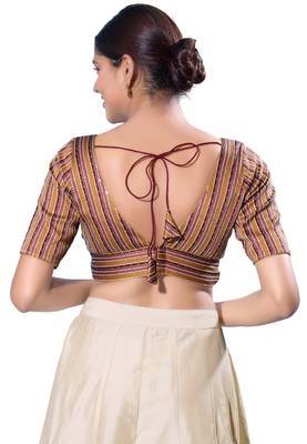 Maroon and Mustard Striped Brocade V-Neck Readymade Blouse 2