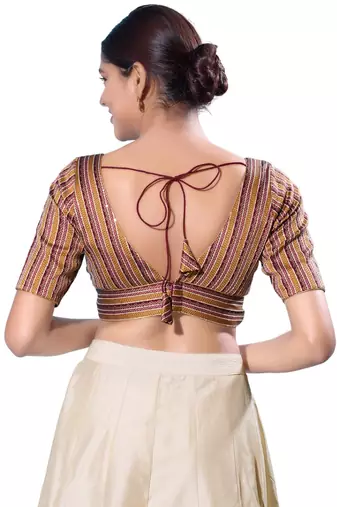 Maroon and Mustard Striped Brocade V-Neck Readymade Blouse