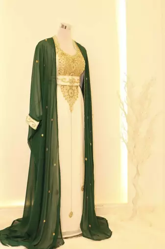 Green & White Handcrafted Zari work Stitched Dress Georgette Kaftan Party Wear Wedding Dresses