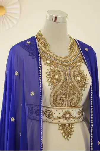 Royal-blue & White Handcrafted Zari work Stitched Dress Georgette Kaftan Party Wear Wedding Dresses