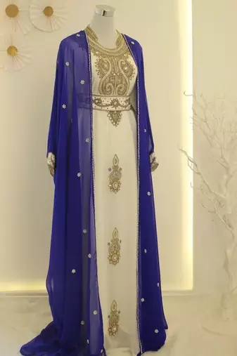 Royal-blue & White Handcrafted Zari work Stitched Dress Georgette Kaftan Party Wear Wedding Dresses
