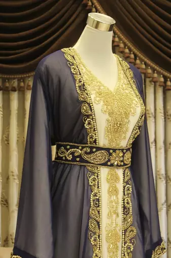 Navy-blue & White Handcrafted Zari work Stitched Dress Georgette Kaftan Party Wear Wedding Dresses