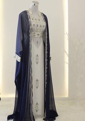 Grand Navy Blue & White Layered Kaftan with Silver Zari Work | Luxury Party & Event Wear 1