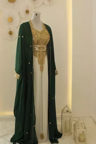Green & White Handcrafted Zari work Stitched Dress Georgette Kaftan Party Wear Wedding Dresses