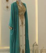 Teal and Ivory Moroccan Kaftan Dress with Embroidery