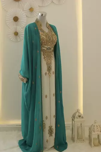 Teal and Ivory Moroccan Kaftan Dress with Embroidery