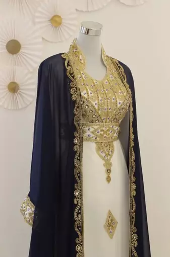 Navy Blue and White Georgette Zari Work Kaftan
