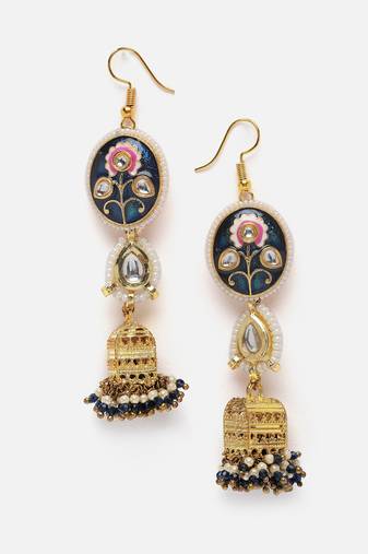 Blue & gold jhumkas earring with kundan &  pearls