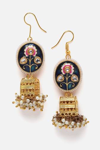 Blue & gold jhumkas earring with kundan &  pearls