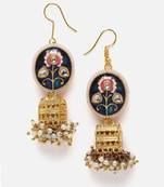 Blue & gold jhumkas earring with kundan &  pearls