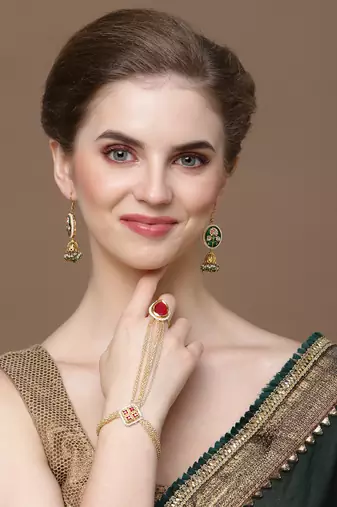 Green & gold jhumkas earring with kundan &  pearls