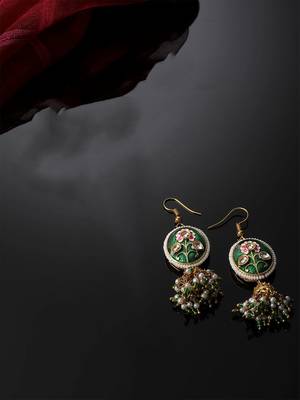 Green & gold jhumkas earring with kundan &  pearls 3