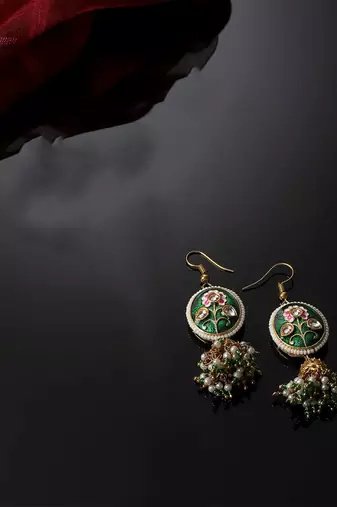 Green & gold jhumkas earring with kundan &  pearls