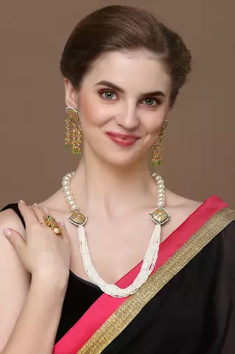 Gray & green adjustable ring with kundan &  pearls
