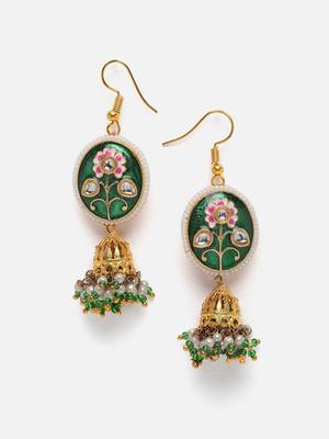Green & gold jhumkas earring with kundan &  pearls 1