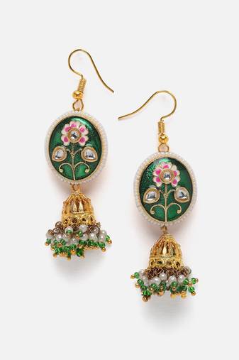 Green & gold jhumkas earring with kundan &  pearls