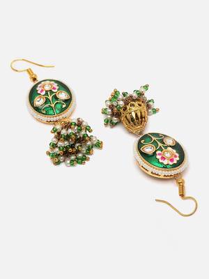 Green & gold jhumkas earring with kundan &  pearls 4