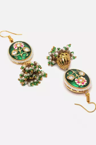 Green & gold jhumkas earring with kundan &  pearls