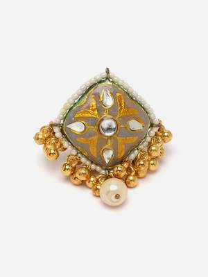 Gray & green adjustable ring with kundan &  pearls 3