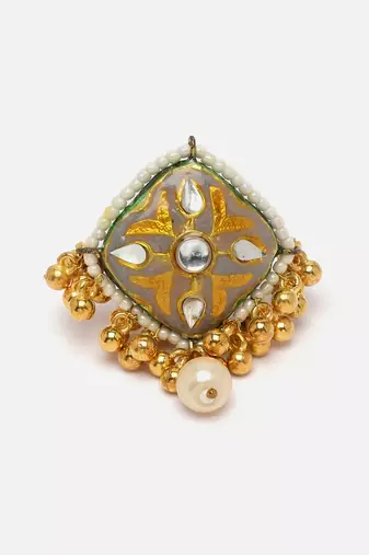 Gray & green adjustable ring with kundan &  pearls