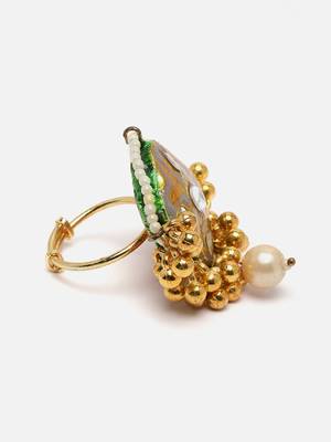Gray & green adjustable ring with kundan &  pearls 4