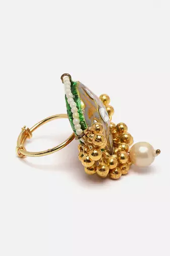 Gray & green adjustable ring with kundan &  pearls
