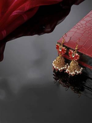 Red & gold jhumkas earring with kundan &  pearls 2