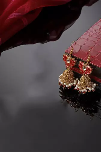 Red & gold jhumkas earring with kundan &  pearls