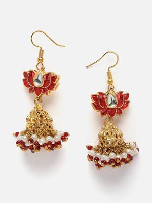 Red & gold jhumkas earring with kundan &  pearls 3