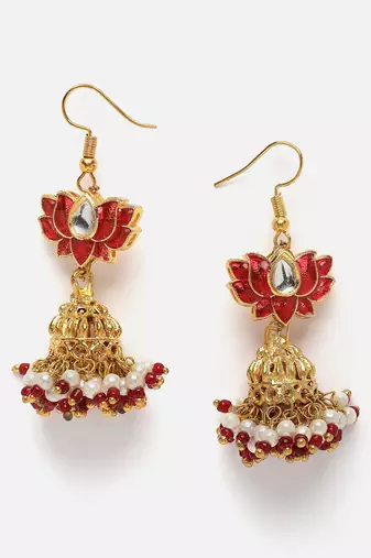 Red & gold jhumkas earring with kundan &  pearls