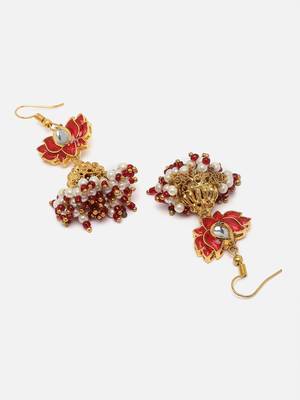 Red & gold jhumkas earring with kundan &  pearls 4