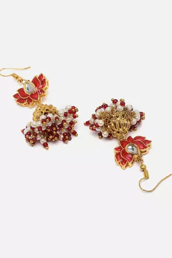 Red & gold jhumkas earring with kundan &  pearls