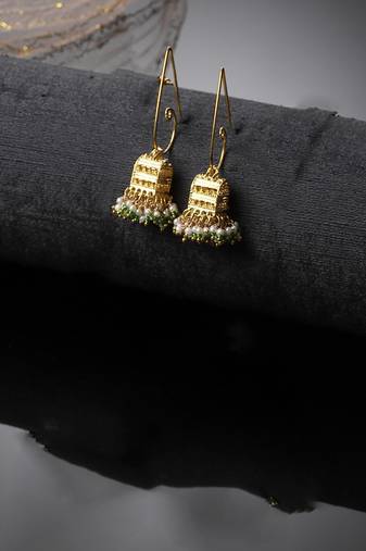 Green & gold jhumkas earring with pearls &  natural stones