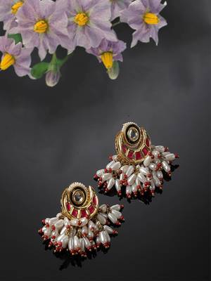 Red & gold drop earring with kundan &  pearls 1