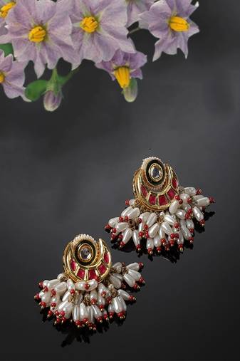 Red & gold drop earring with kundan &  pearls