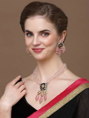 Pink & blue drop earring with kundan &  pearls 2