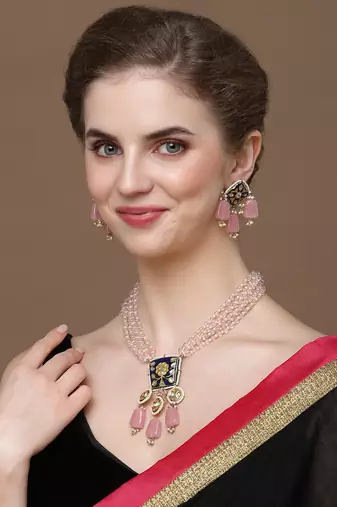 Pink & blue drop earring with kundan &  pearls