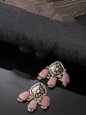 Pink & blue drop earring with kundan &  pearls 3