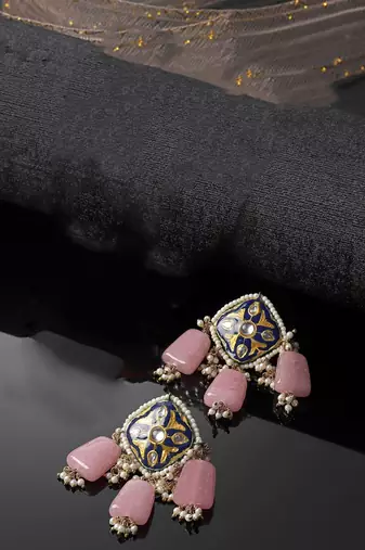 Pink & blue drop earring with kundan &  pearls