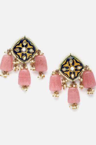Pink & blue drop earring with kundan &  pearls