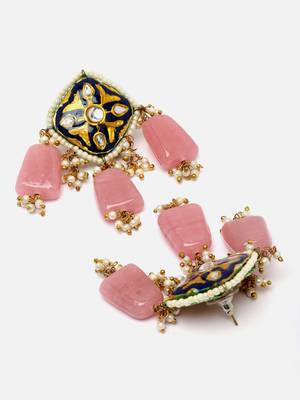 Pink & blue drop earring with kundan &  pearls 4