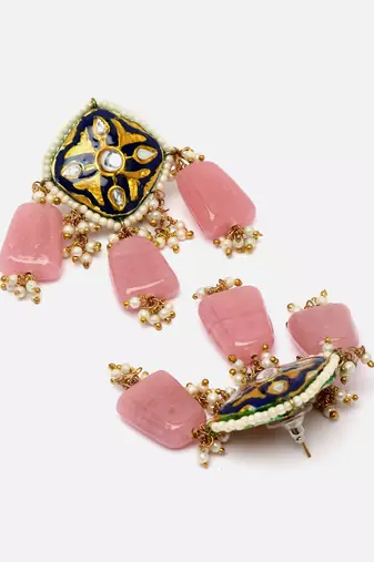 Pink & blue drop earring with kundan &  pearls