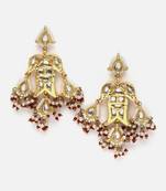 Red & cream drop earring with kundan & pearls