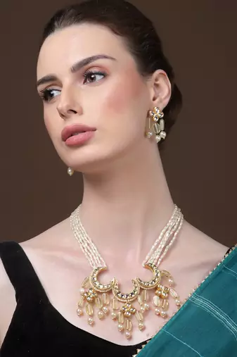 Yellow & gold drop earring with kundan & pearls