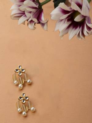 Yellow & gold drop earring with kundan & pearls 3