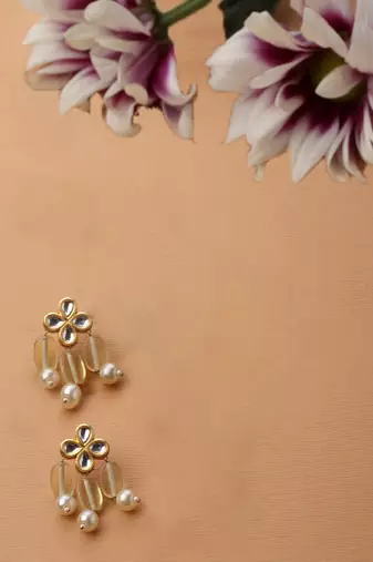 Yellow & gold drop earring with kundan & pearls