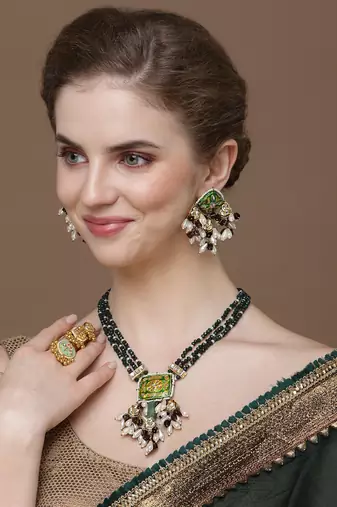 Green & purple drop earring with kundan &  pearls