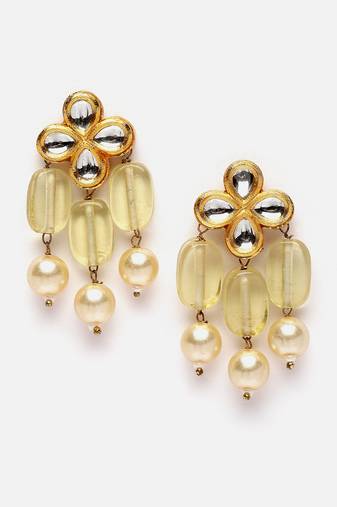 Yellow & gold drop earring with kundan & pearls